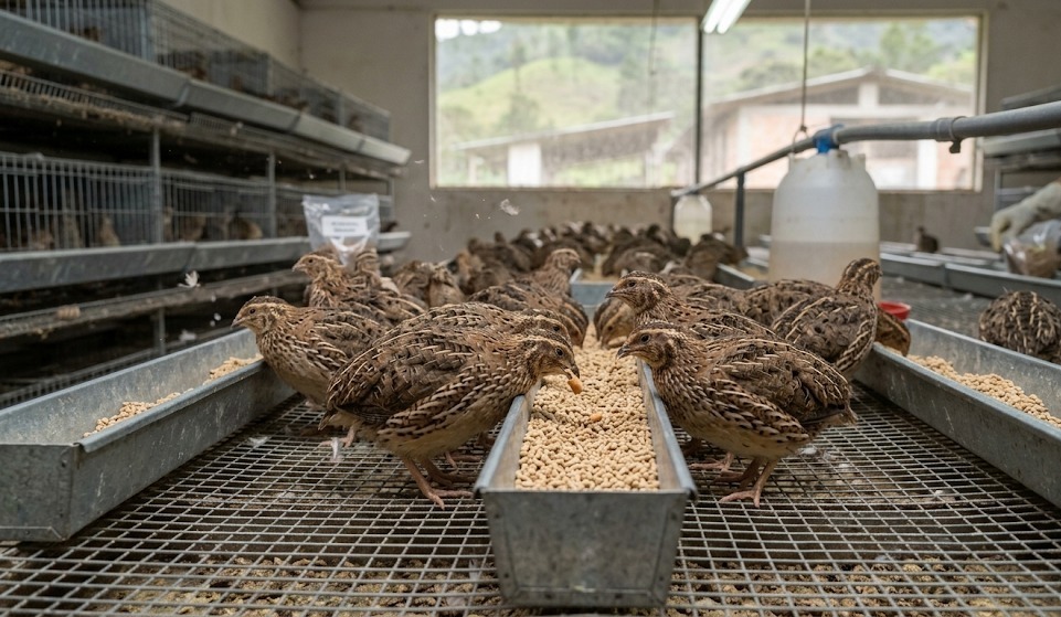 Codornices en criadero siendo alimentadas
